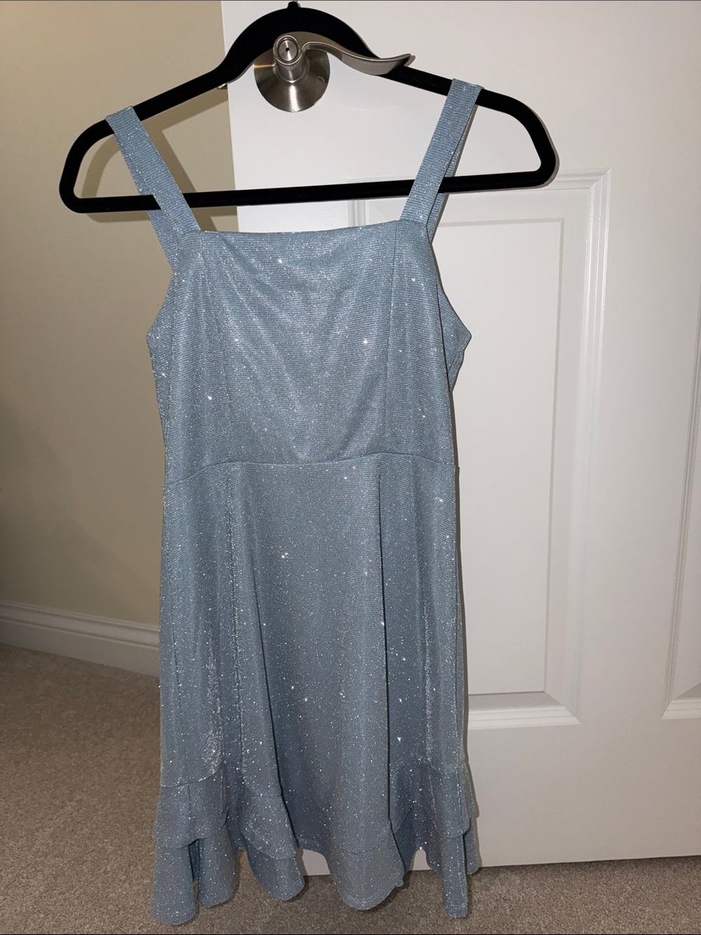 Girls' Light Blue Sparkle Formal Dress with Wide Straps